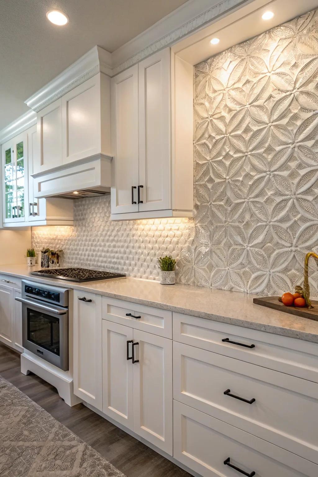 3D tiles producing an engaging point of convergence in a white cabinet cooking area.