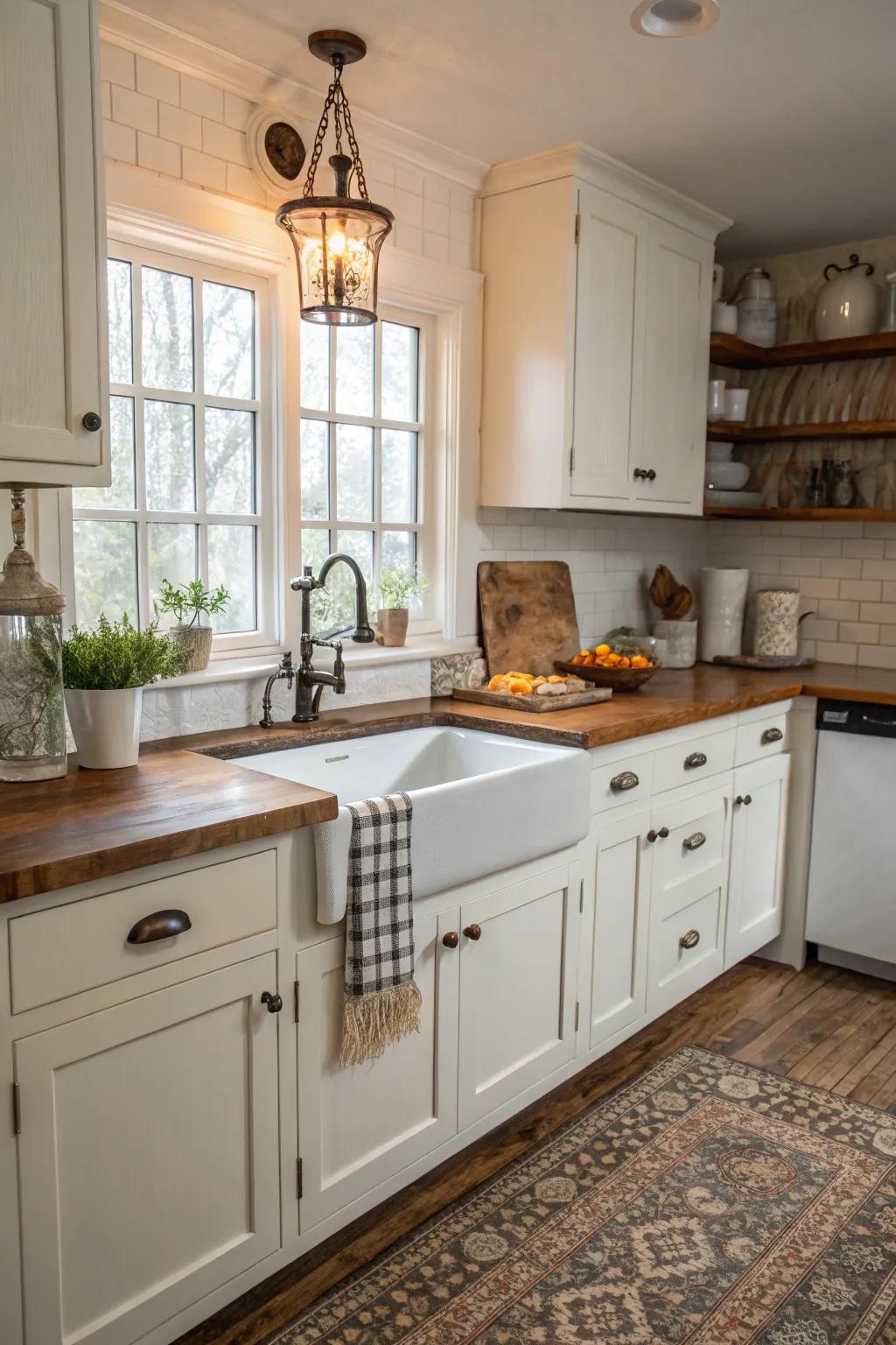 A kitchen that mixes modern features with vintage charm.