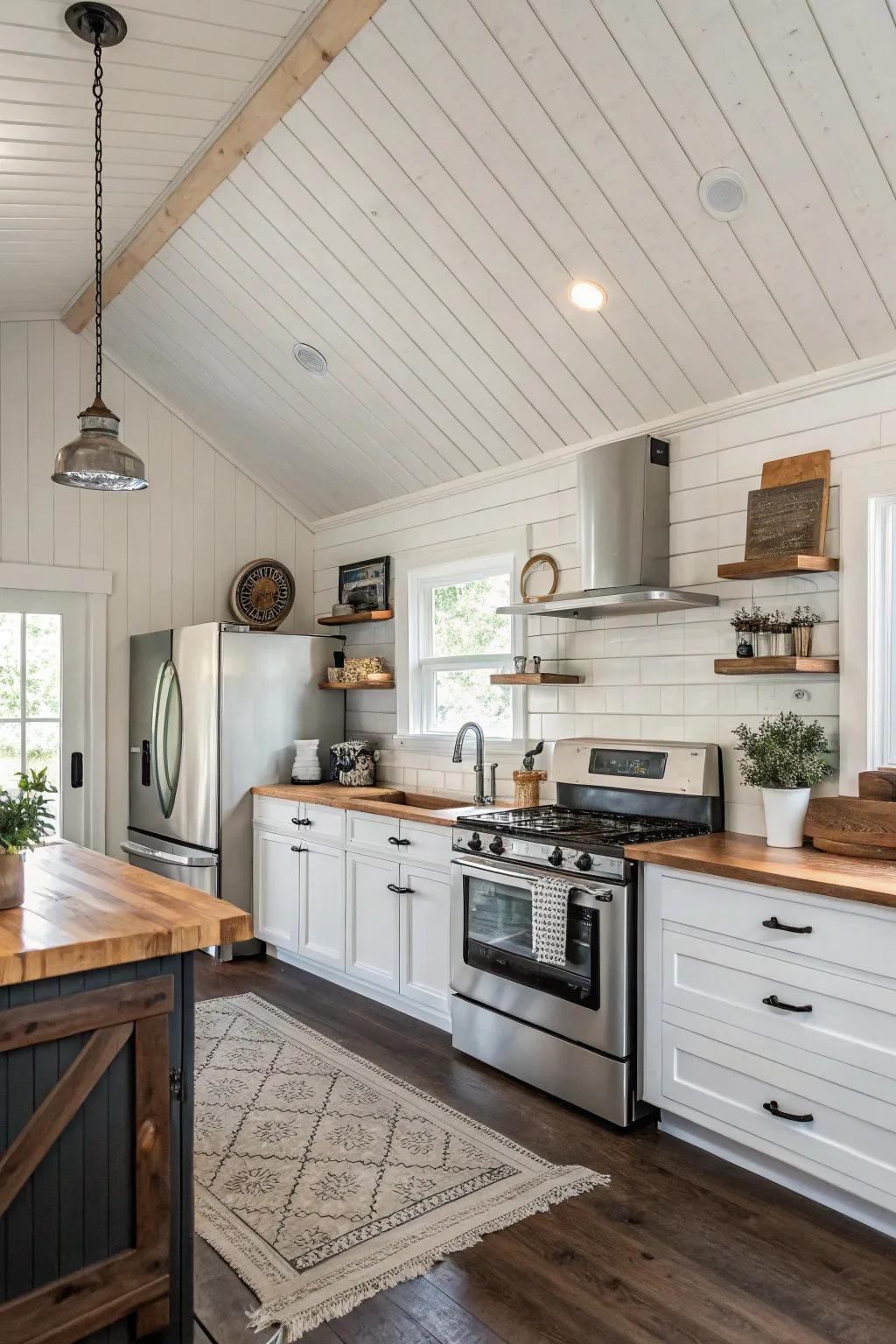 A kitchen with a white textured ceiling, adding a touch of charm and character.