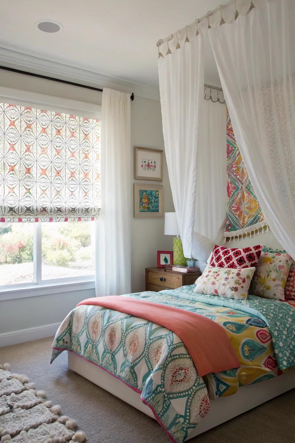 Layering white curtains with patterns adds a playful dimension to the bedroom.