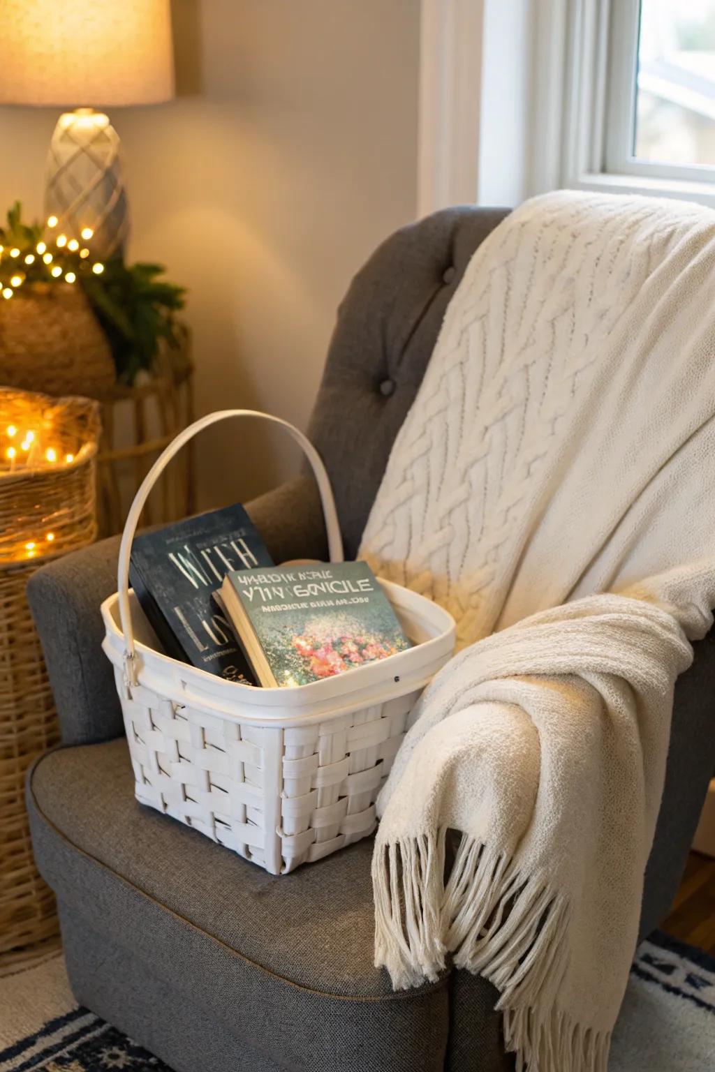 A tranquil reading corner white surprise box for book lovers.
