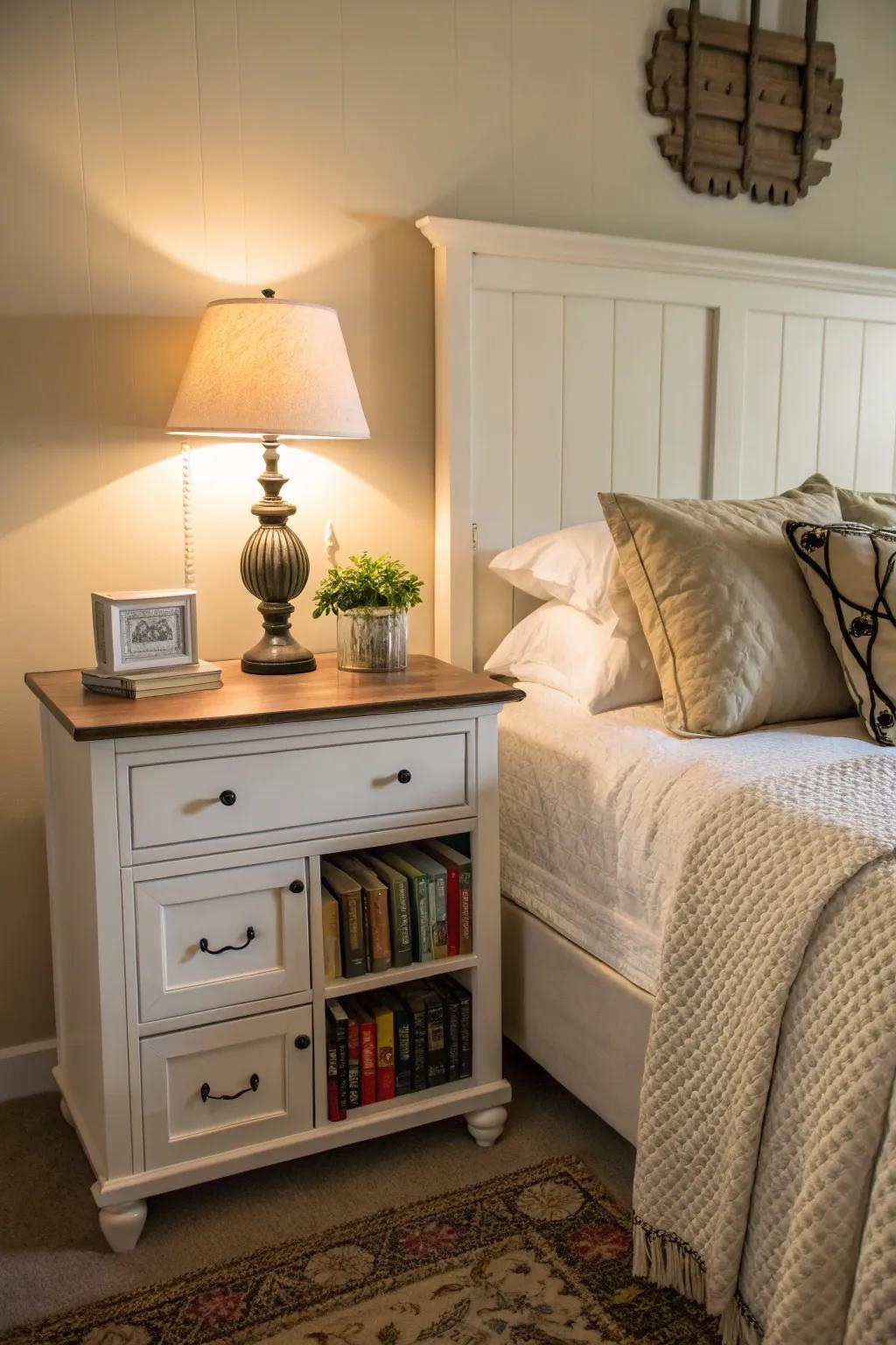 Practical furnishings improve the style and utility of the bedroom.