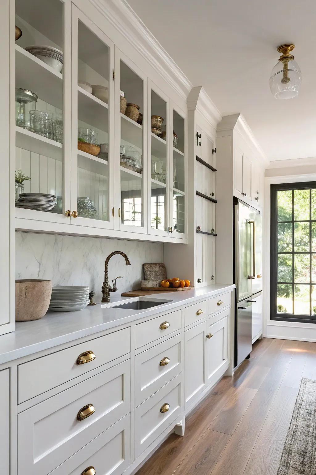 Timeless metal knobs complementing a classic kitchen design.