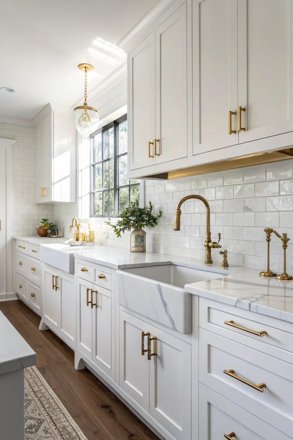 Brass hardware imparts a luxurious touch to the immaculate white kitchen.