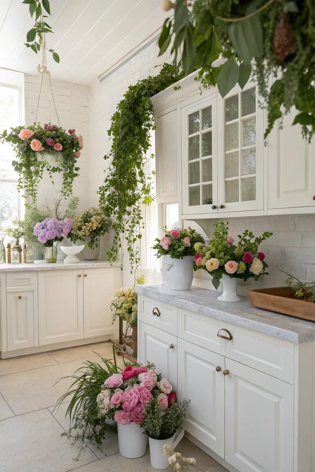 Greenery and flowers bring life and color to the white kitchen.