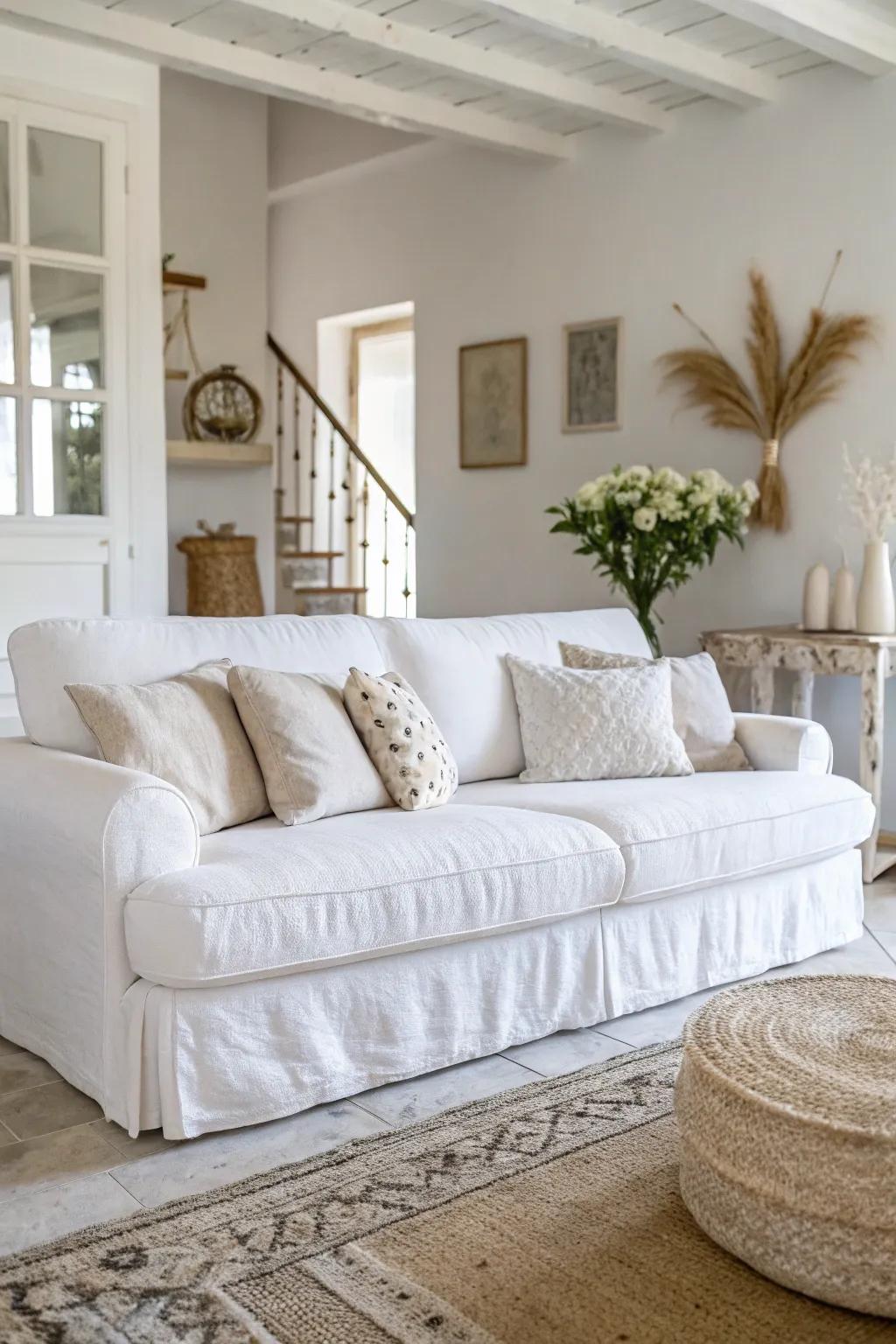 Soft decor enhances comfort and luxury in a bright space.