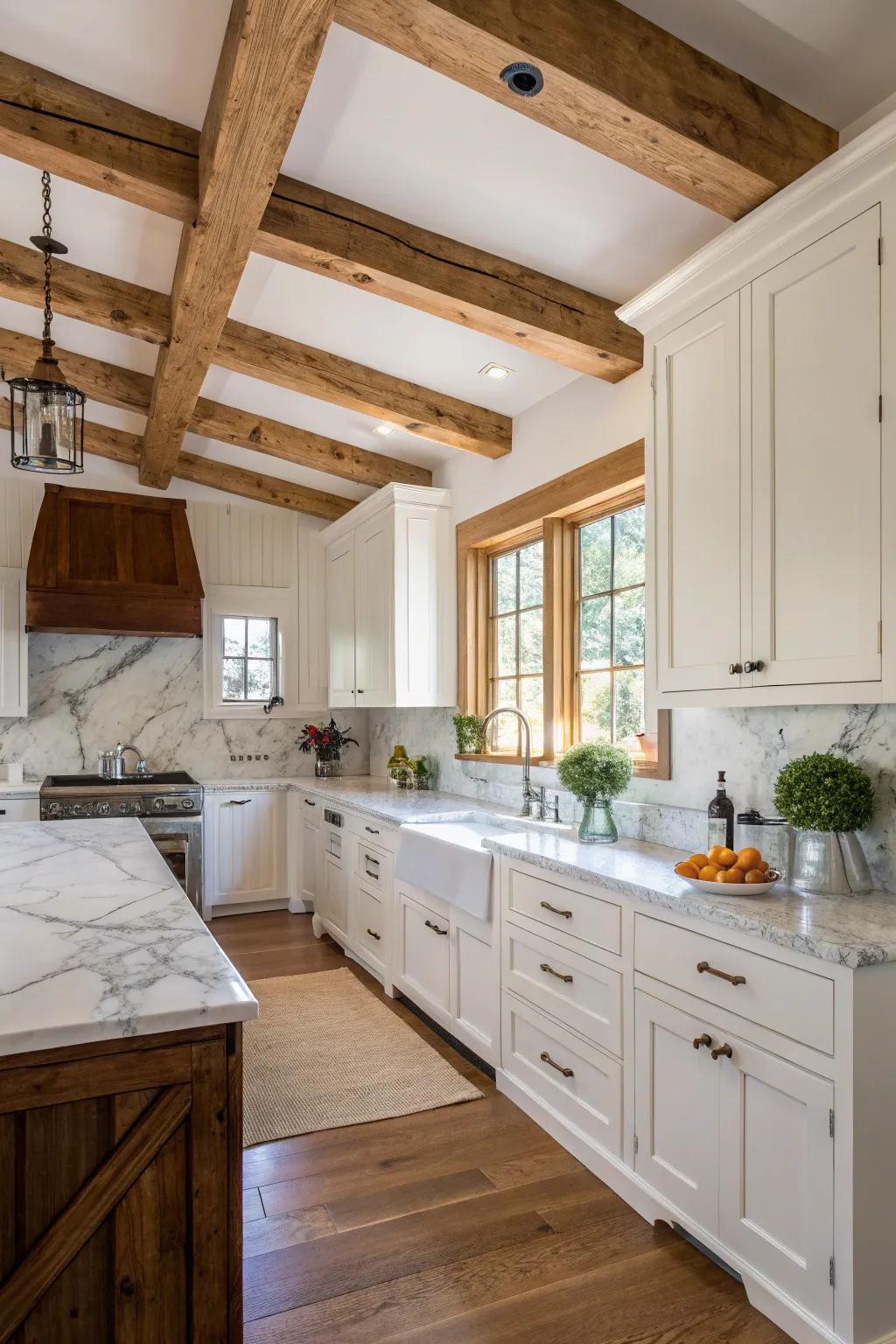 Exposed supports contribute rustic charm to this airy kitchen.