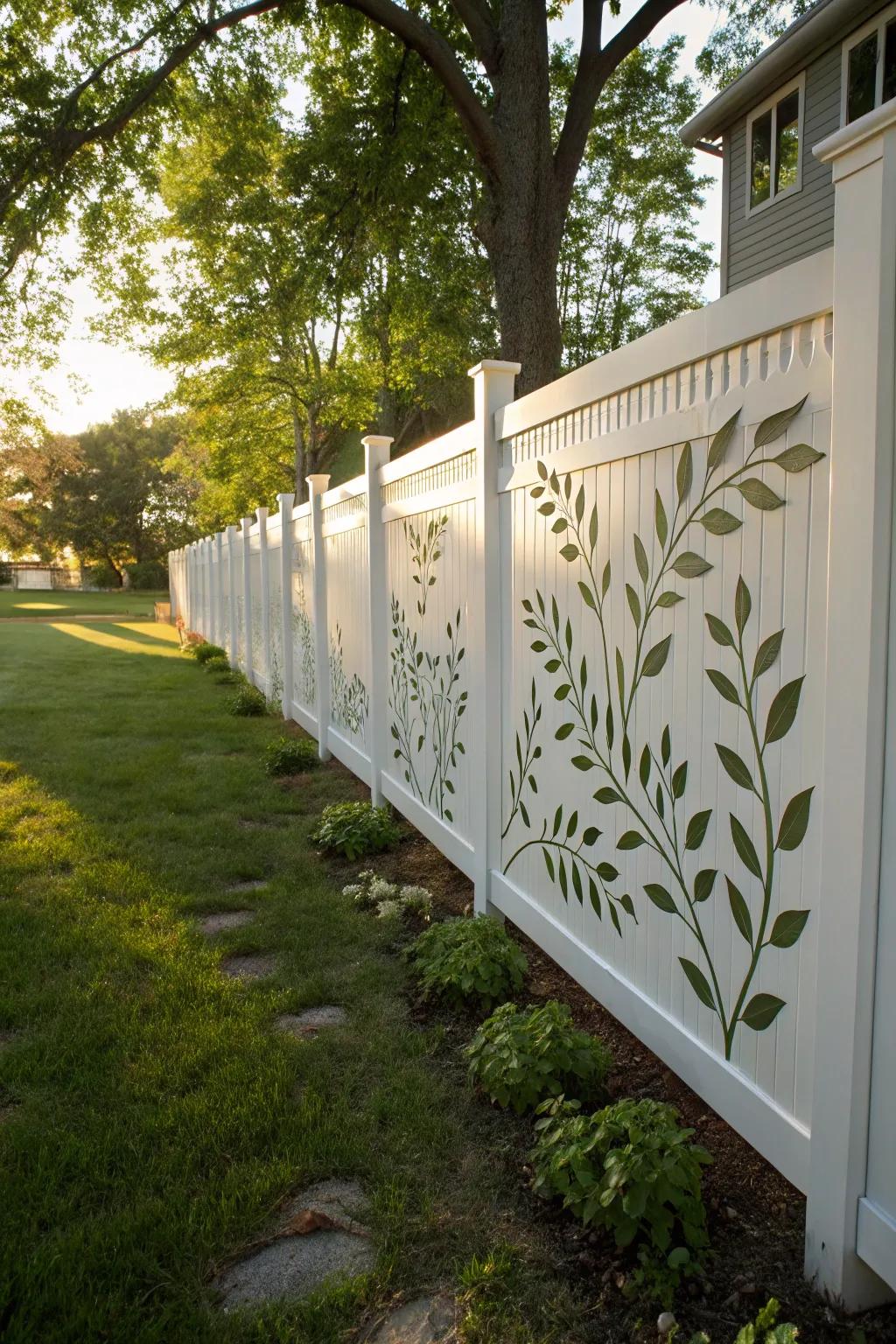 Ornamental shapes in a white fence create captivating patterns and shadows.