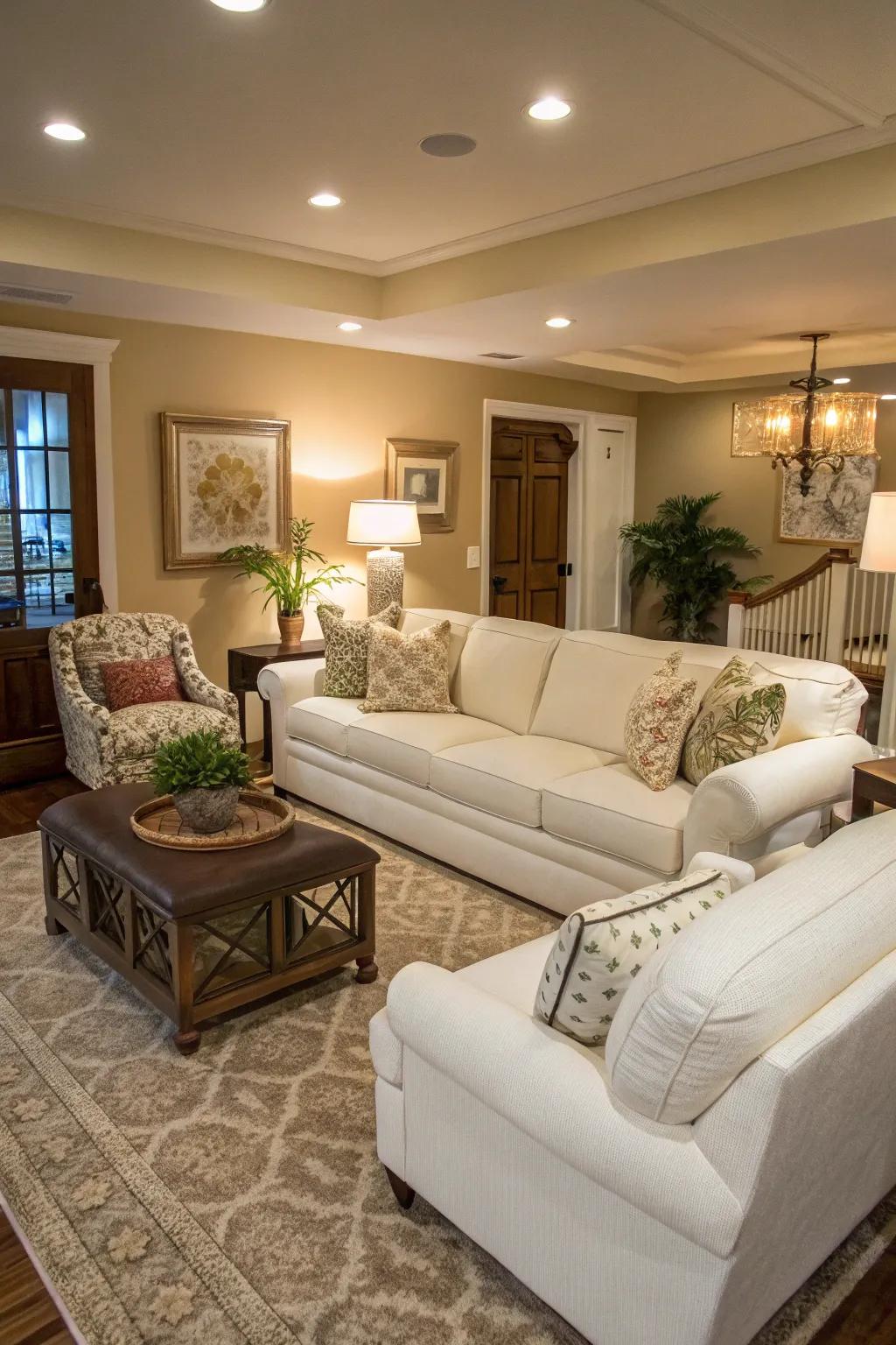 Additional furnishings enhance the functionality of a living room with a white sectional.