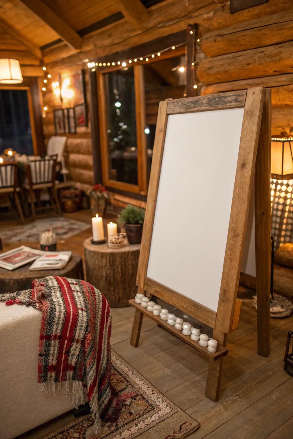 A rustic wood frame enriches the whiteboard, infusing it with warmth and character.