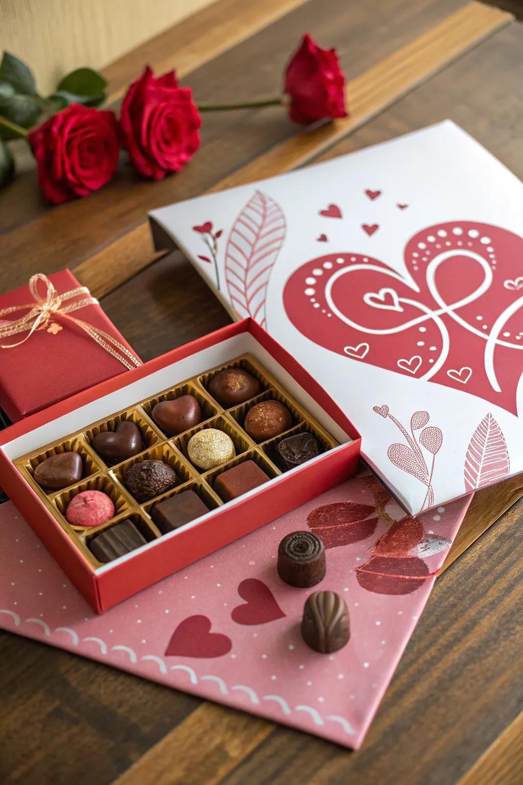 A charming Valentine's placard paired with chocolates for a thoughtful touch.