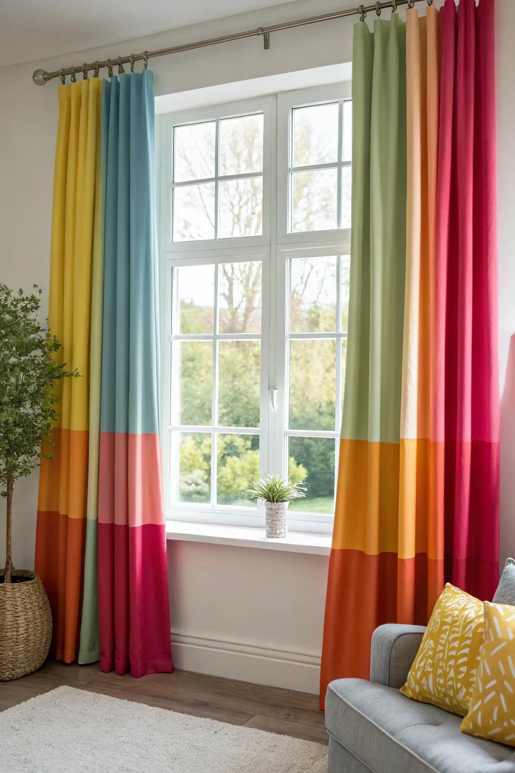 Color-blocked curtains add a modern touch to this living room.