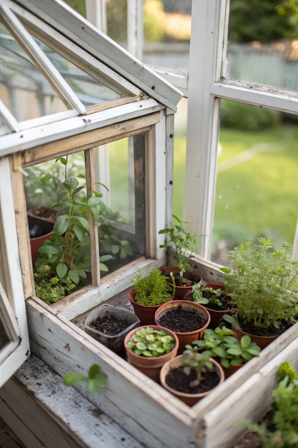 Mini greenhouses with window frames nurture indoor plants.