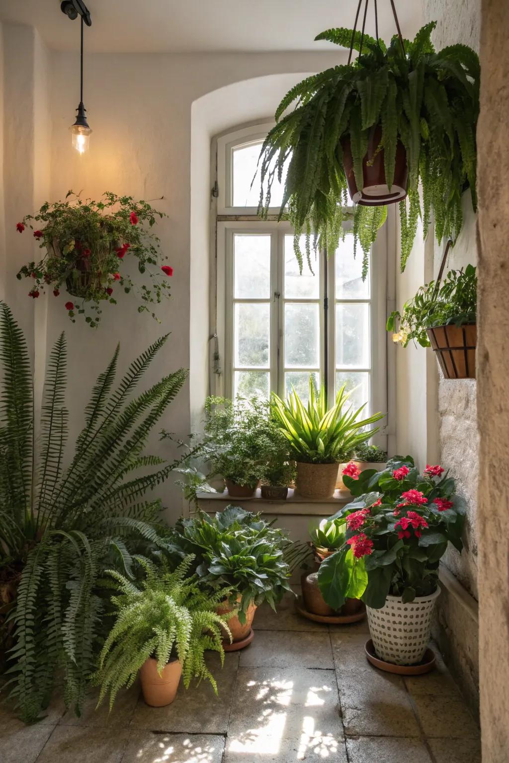 Lush greenery around the window brings a fresh ambiance.