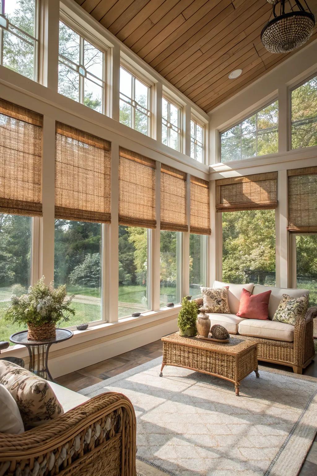 Wood weave shades enrich texture and a rustic feel.