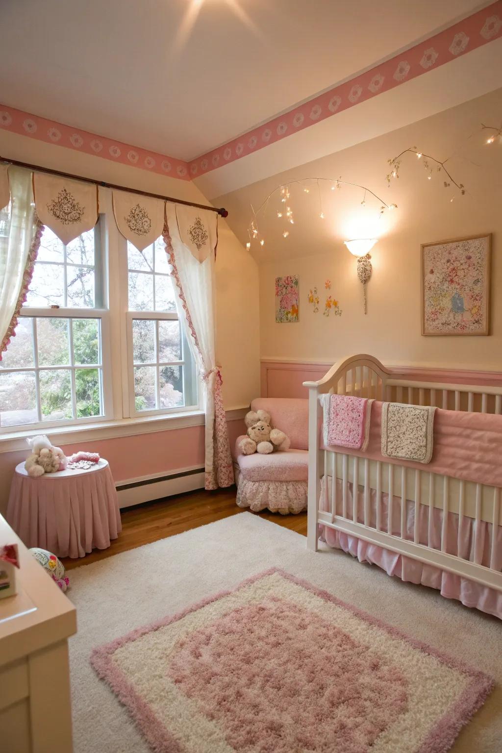 Delicate rose frames add a romantic feel to a nursery.