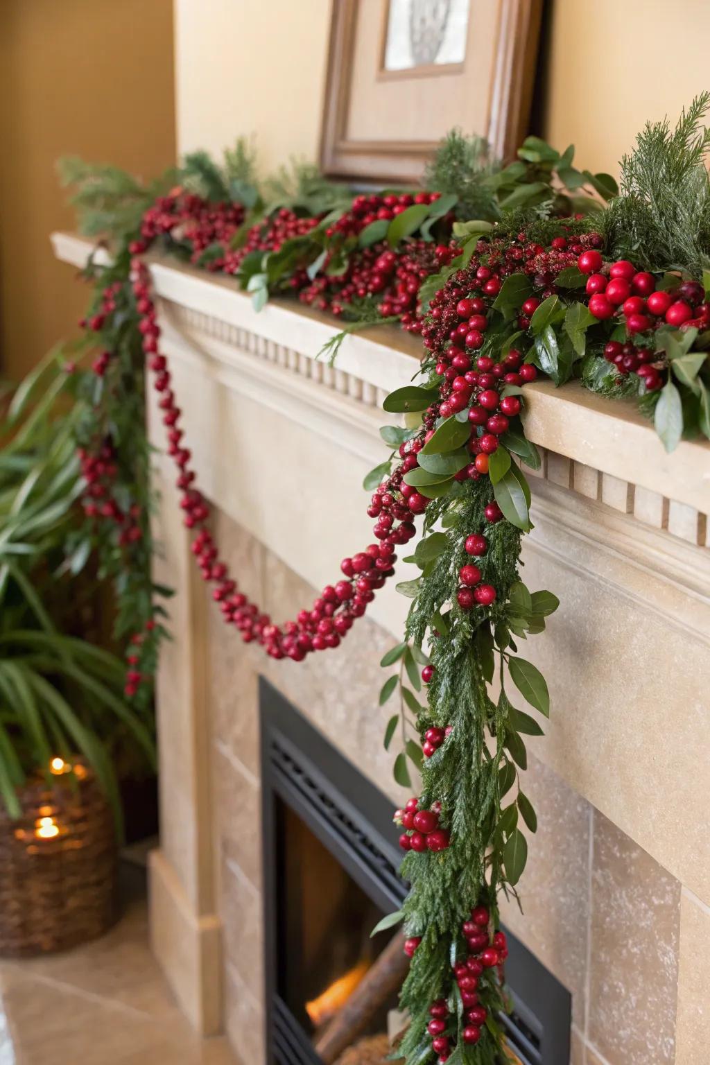 A berry garland introduces a celebratory stroke of color to the hearth.