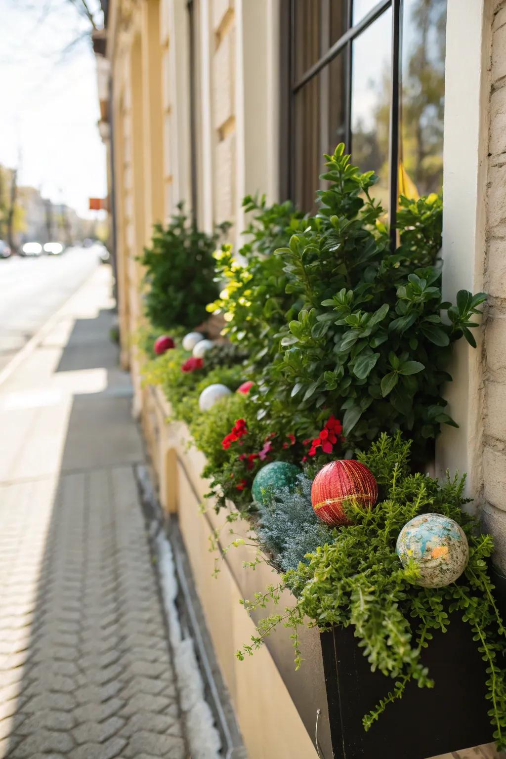 Decorative orbs infuse this festive window box with a hint of caprice.