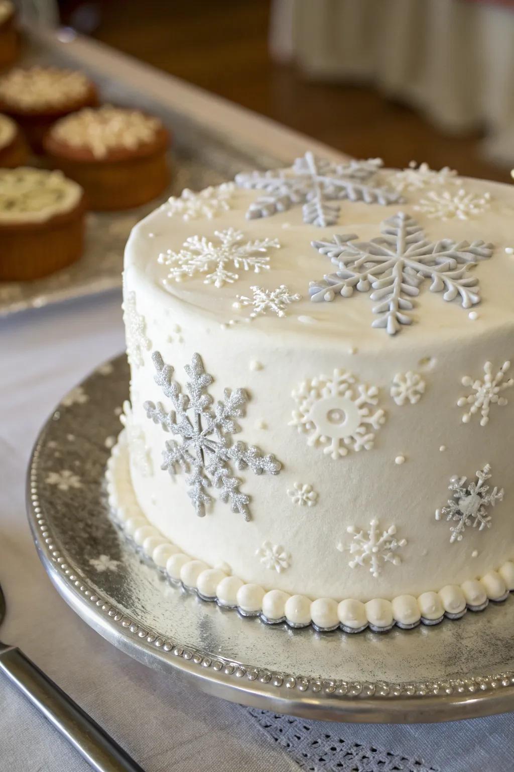 A symphony of flurries adorns this winter wonderland cake.