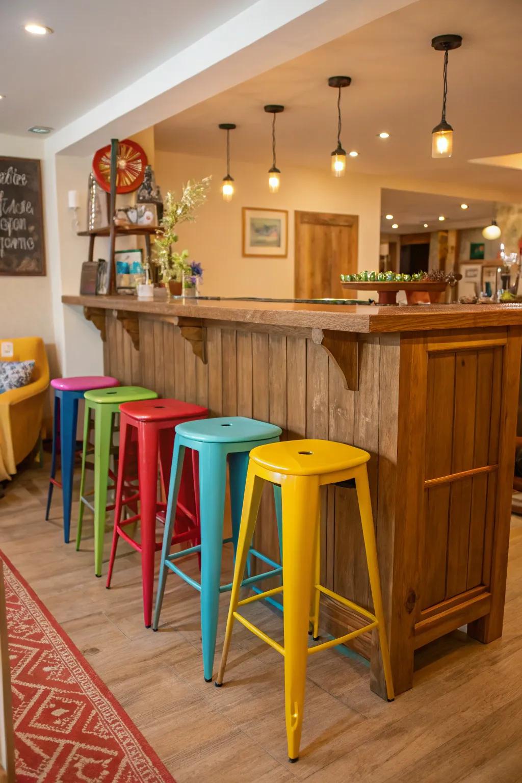 Customized bar stools adding personality to a wooden bar.