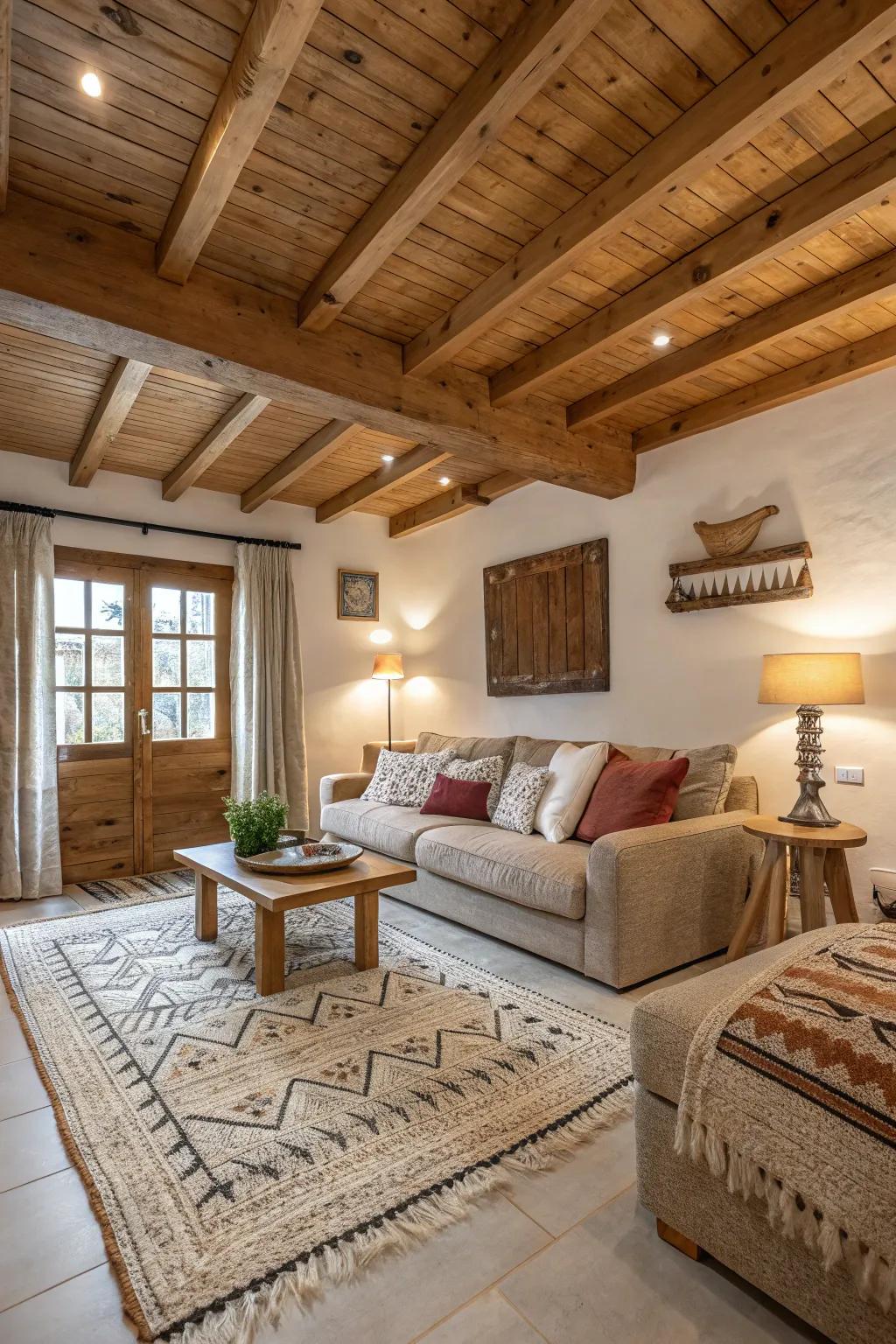 Textural features introducing comfort to a family area with wood beams.