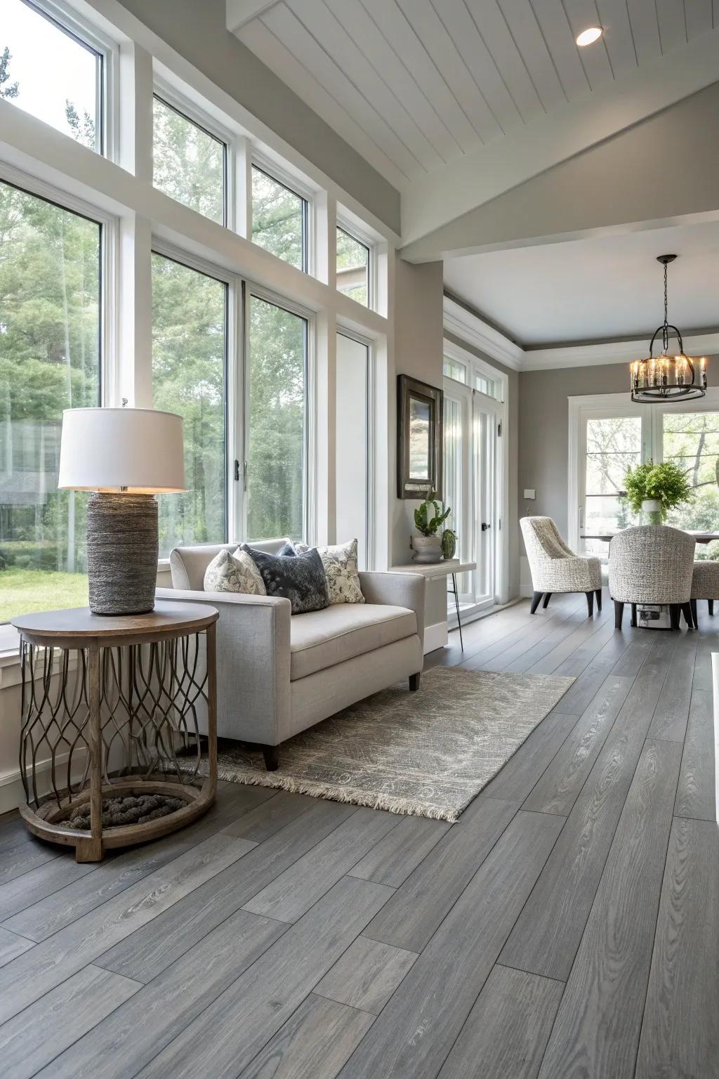 Stylish interior with sophisticated gray wood flooring.