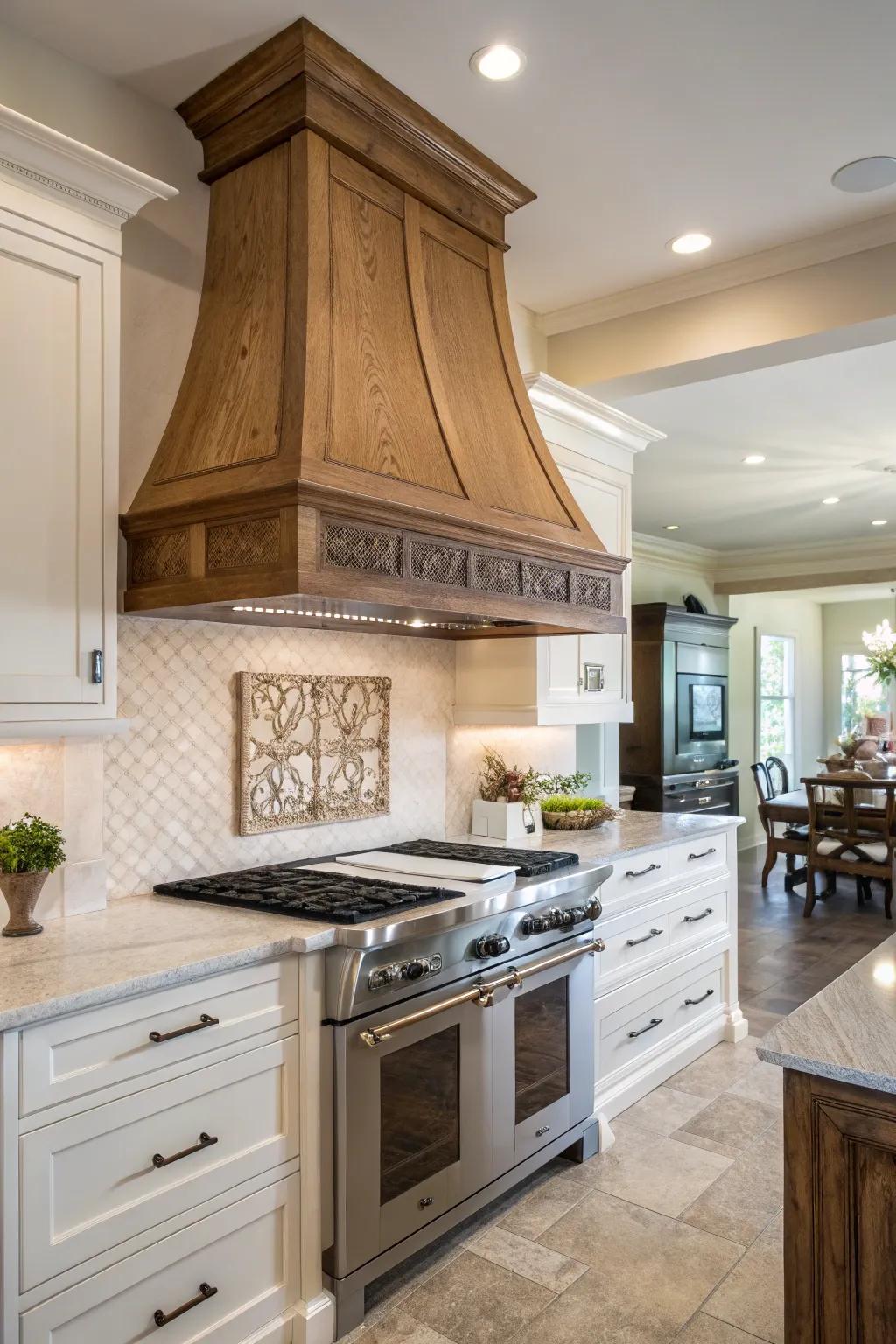 Functional elegance in wood range hoods enhances kitchen decor.