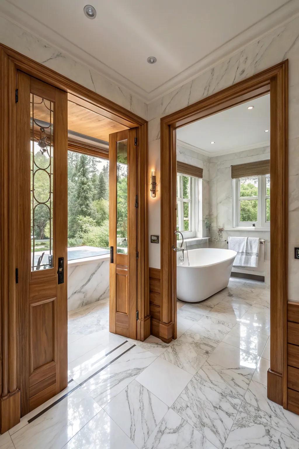 Double-hinged doors add a touch of elegance to spacious bathrooms.