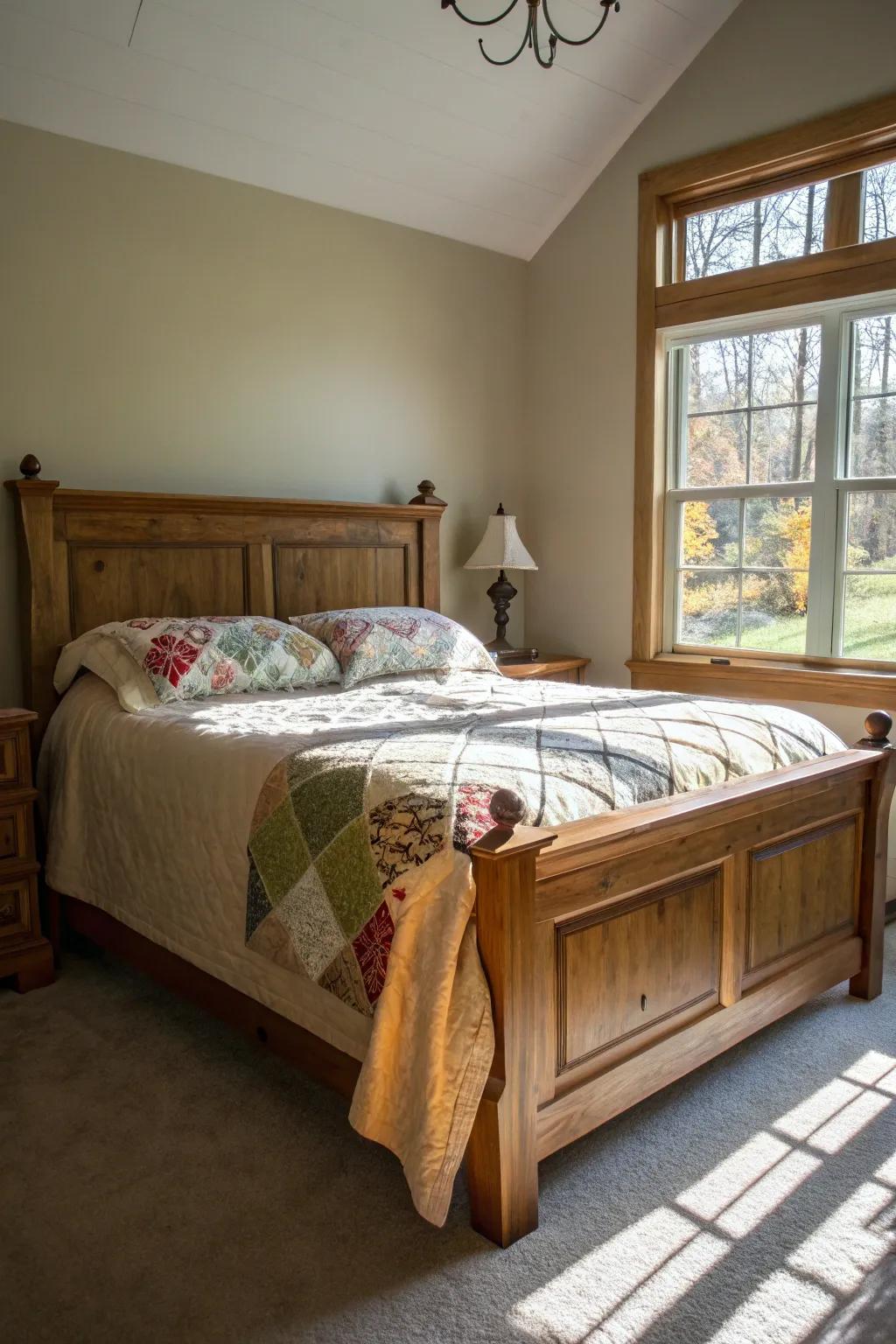Natural light brightens this wood bed design.