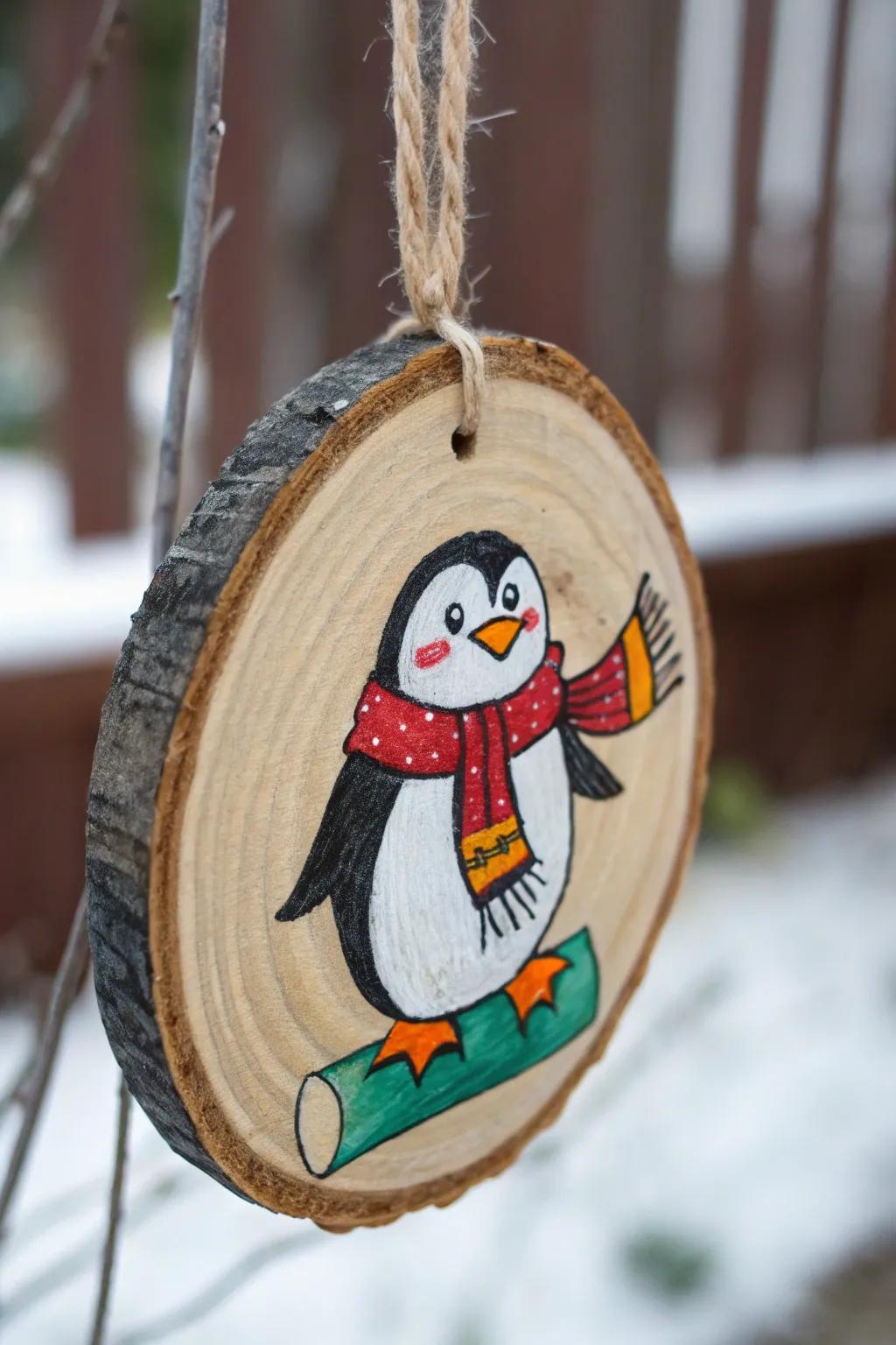 A playful penguin drawing brings charm to this decoration.