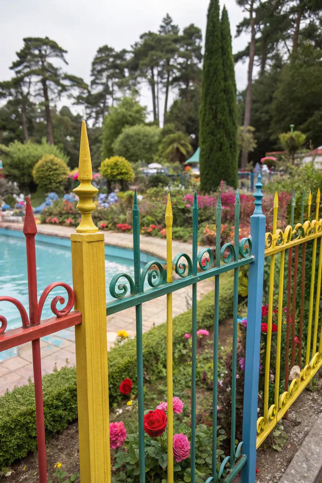 Colorful accents on a wrought iron fence bring vibrancy to this pool area.