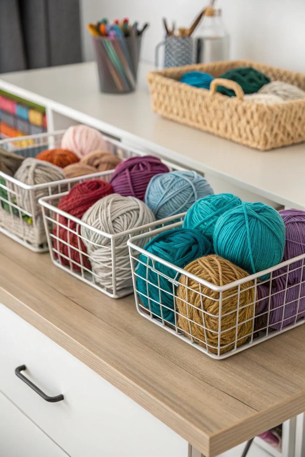 Mesh containers provide a trendy and visible yarn storage option.