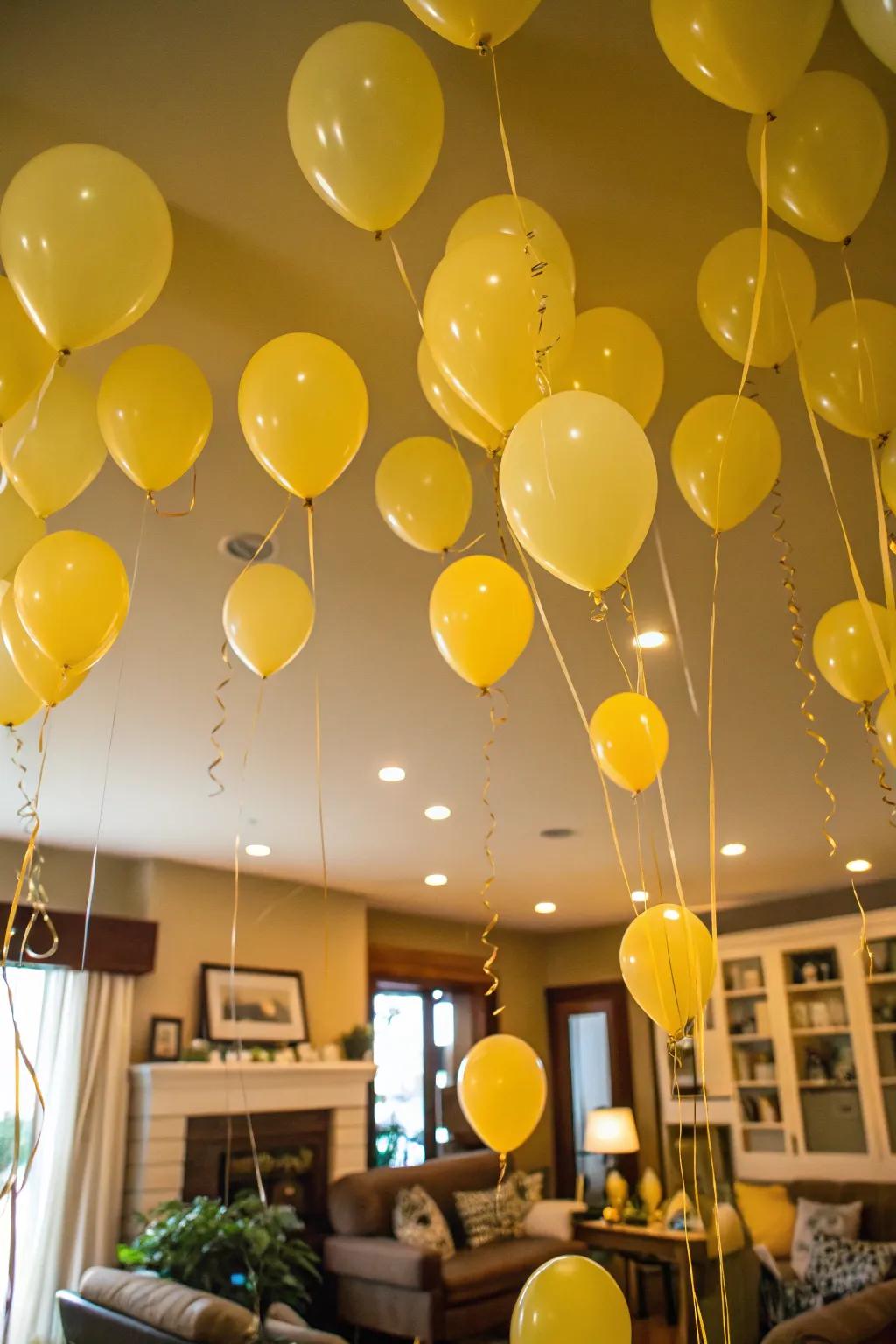 Whimsical ceiling filled with floating golden spheres.