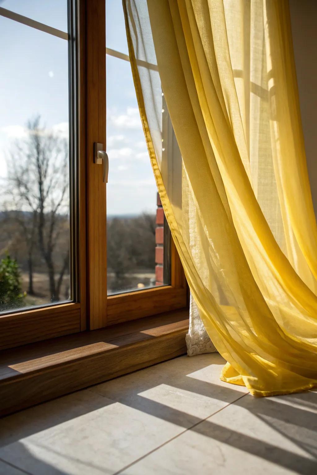 Yellow curtains frame the view and brighten the kitchen with sunlight.