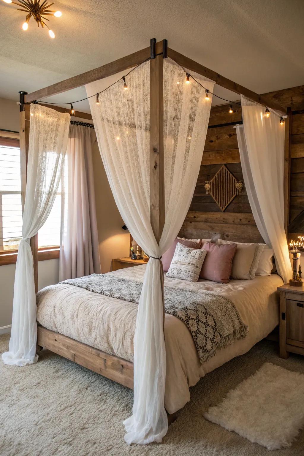 A DIY canopy bed adds an elegant and cozy feel.