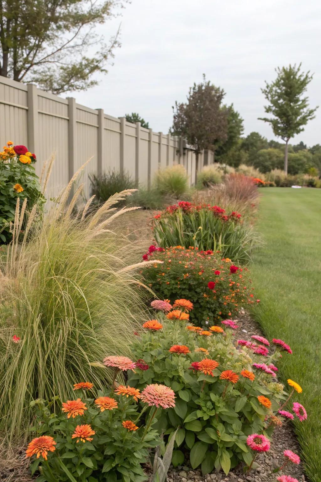 An effortless garden presenting zinnias alongside succulents and grasses.