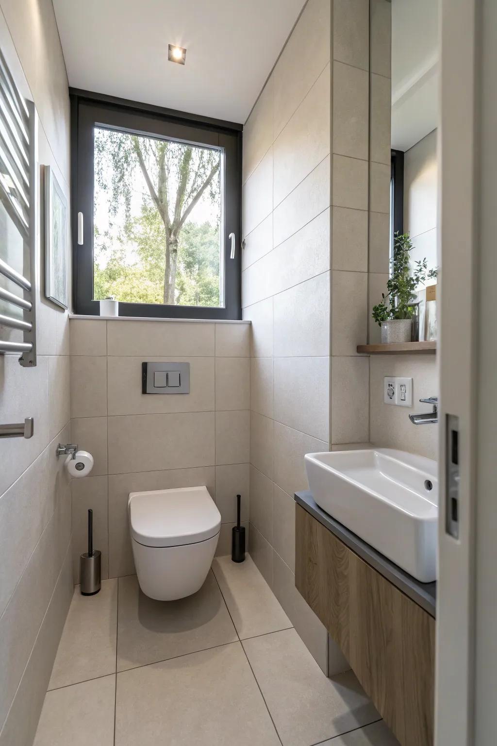 Minimalist design offers a serene getaway in this powder room.