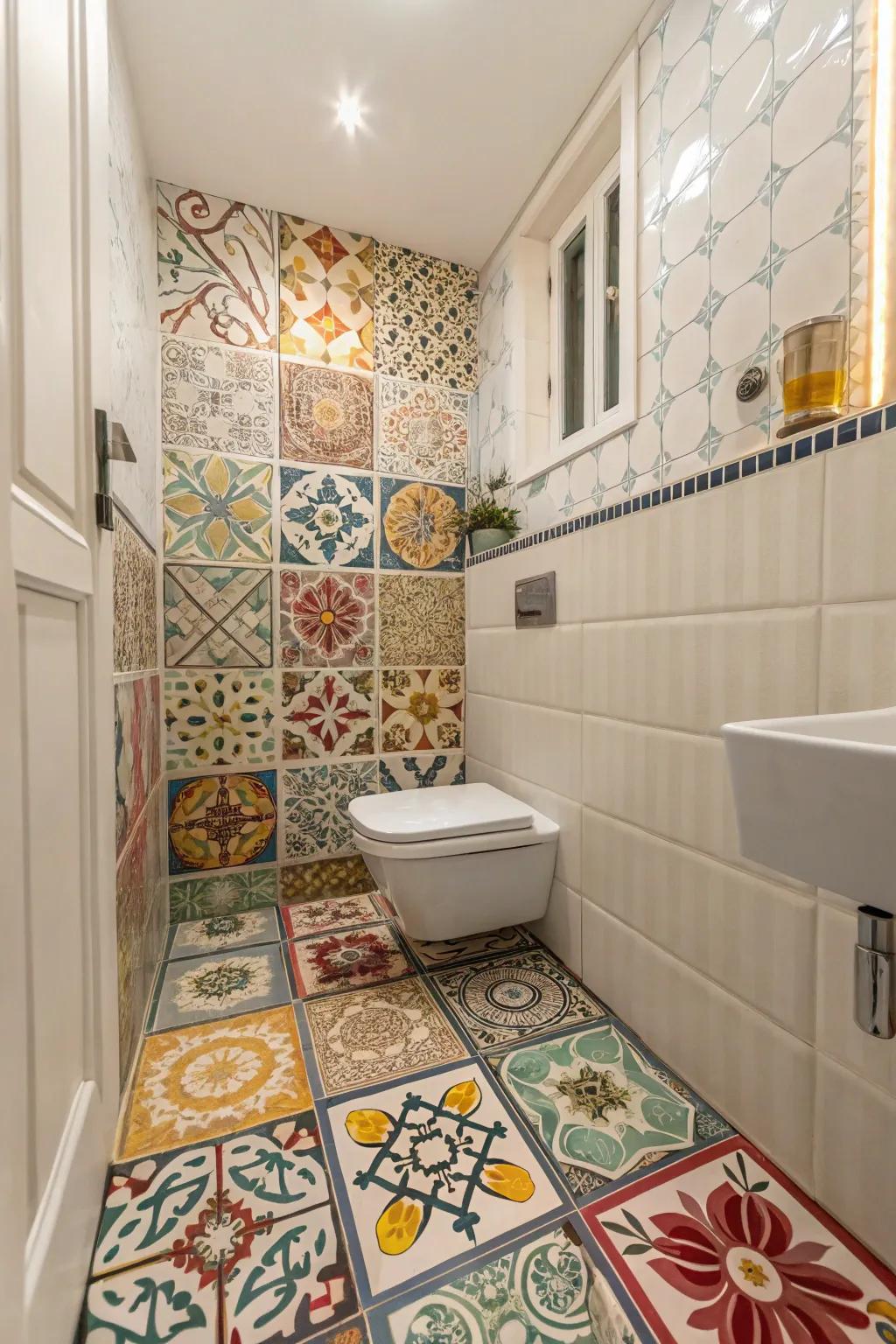 Inventive tile designs adding character and texture to the bathroom.