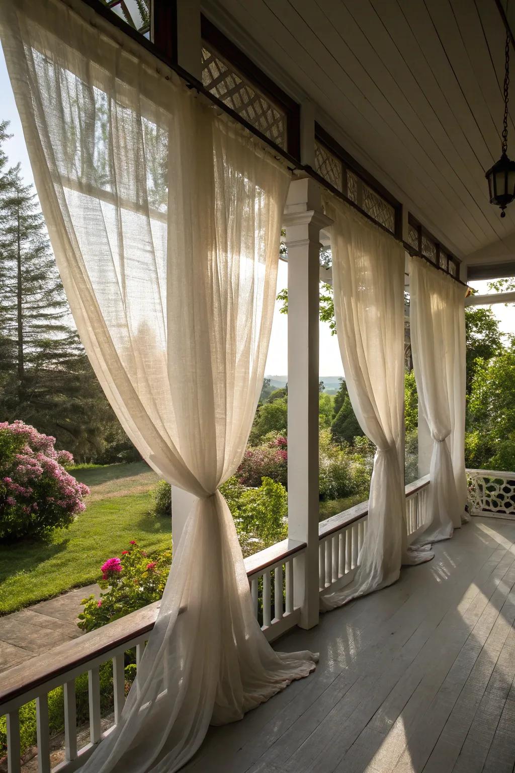 Elegant sheer curtains framing the porch windows.