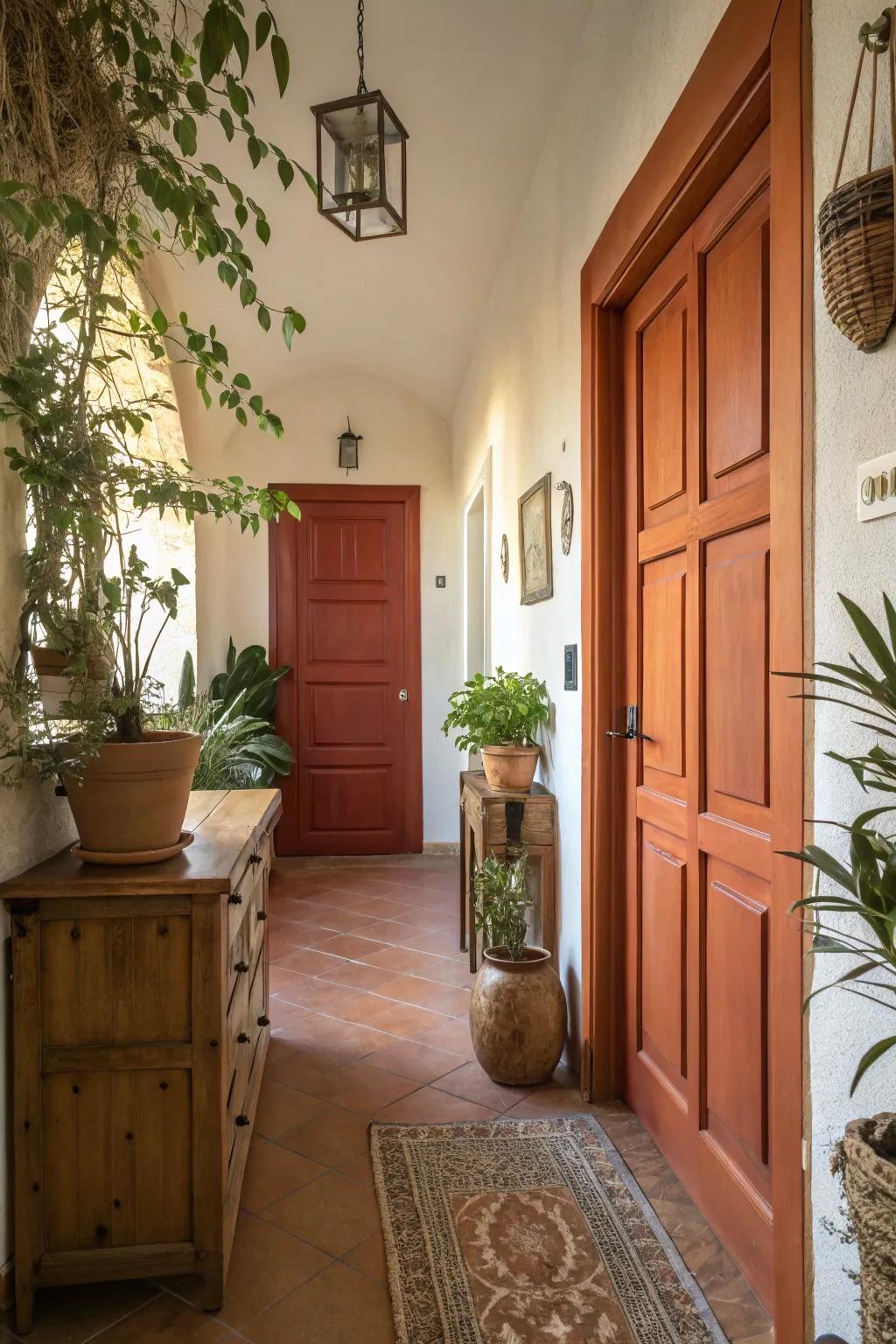 A brick hue 6-panel door adds an earthy element to this hallway.
