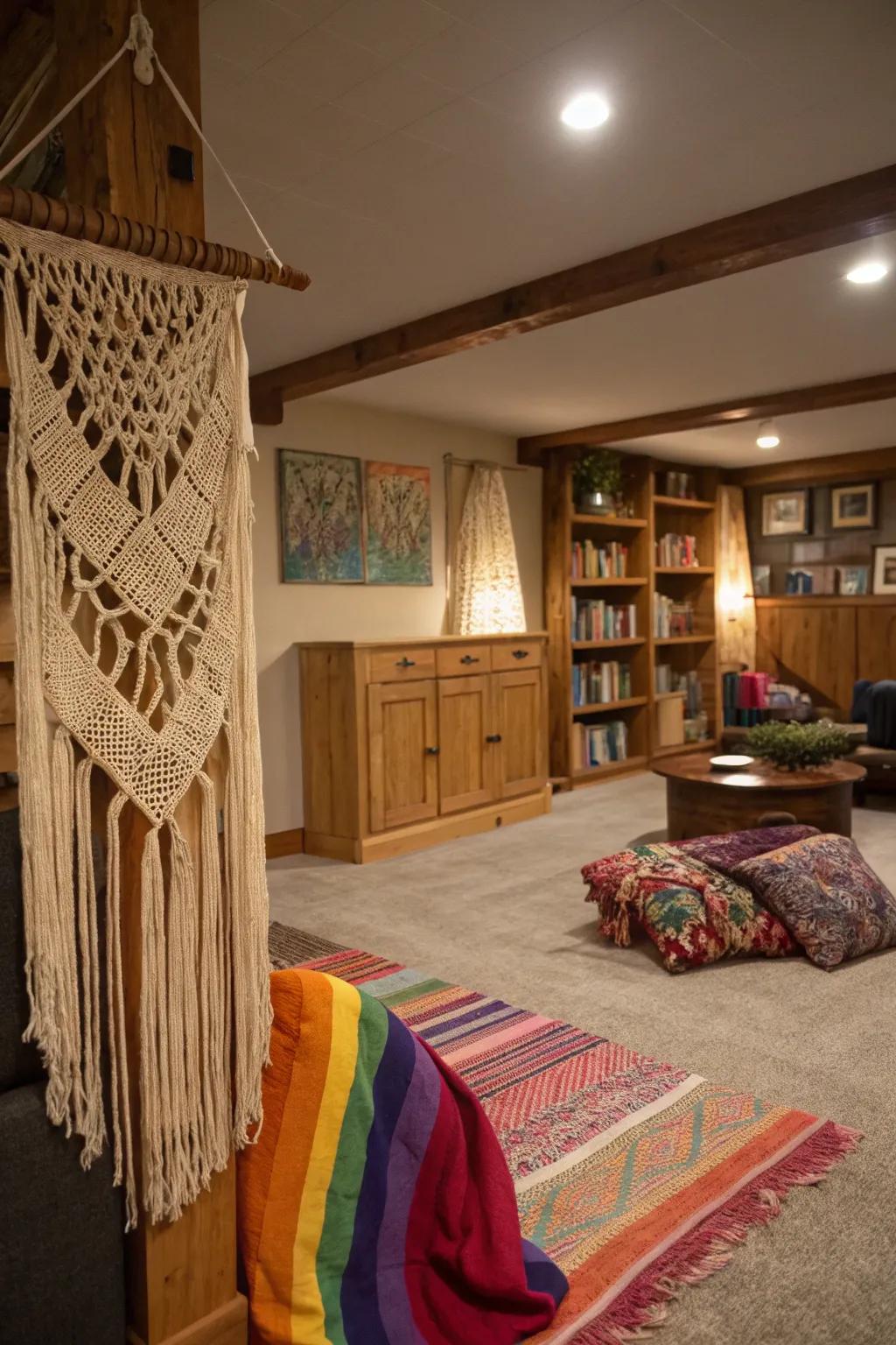 Macramé and fabrics propose a bohemian flair.