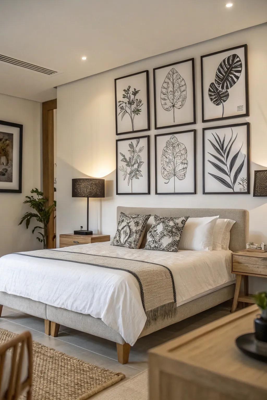 Minimalist art adds a timeless touch above the bed.