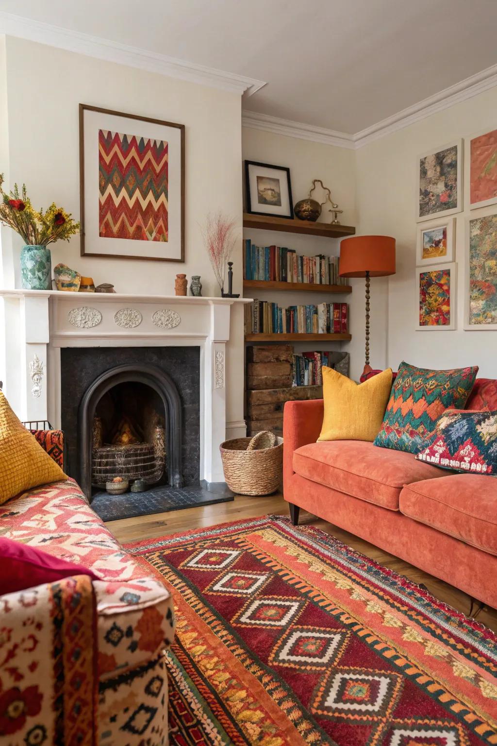 Vivid hues establish a striking and energetic point of focus above the fireplace.