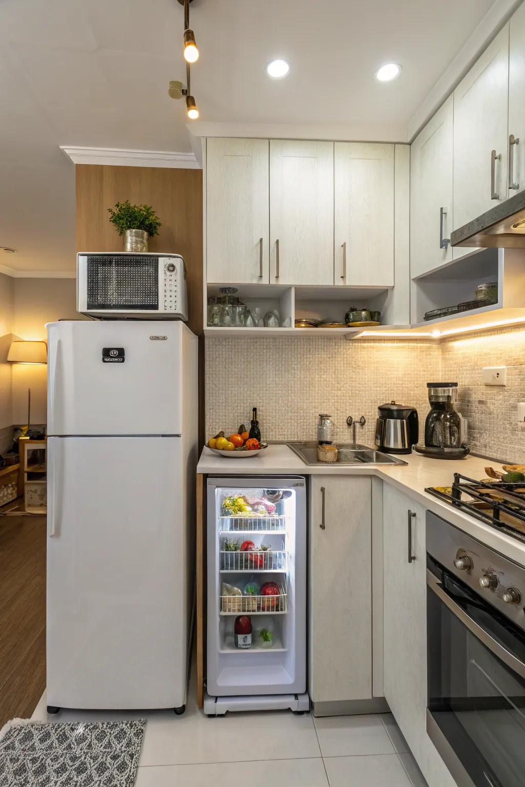 A mini-fridge adds extra cold storage to your kitchen.
