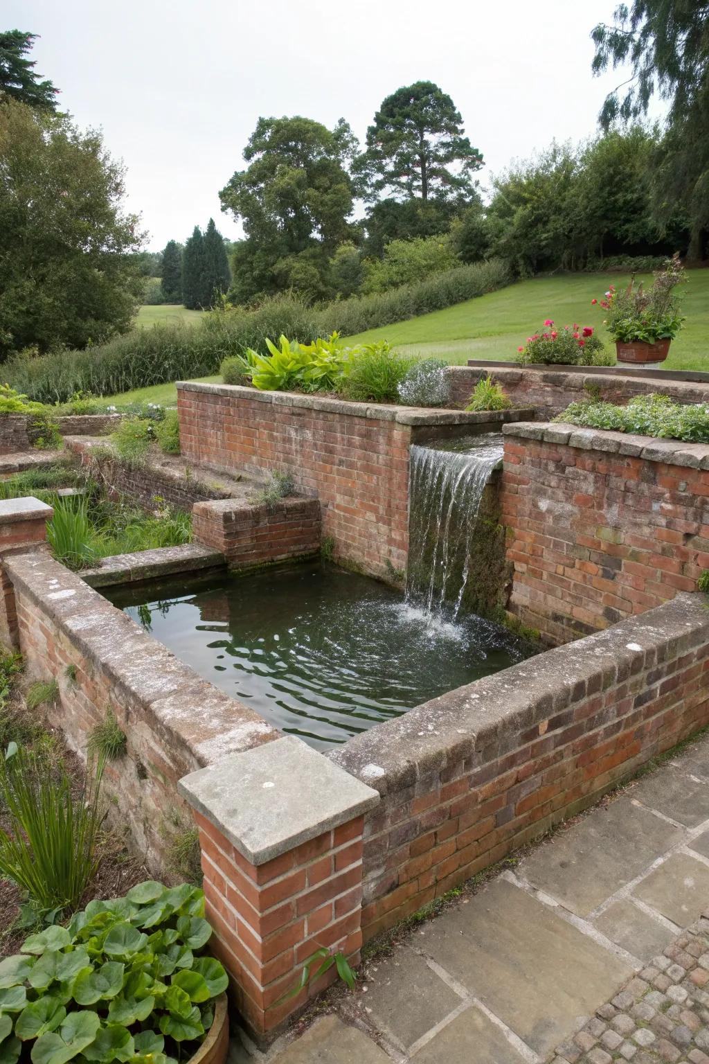 Stone walls give a sturdy elegance to this above-ground pond.