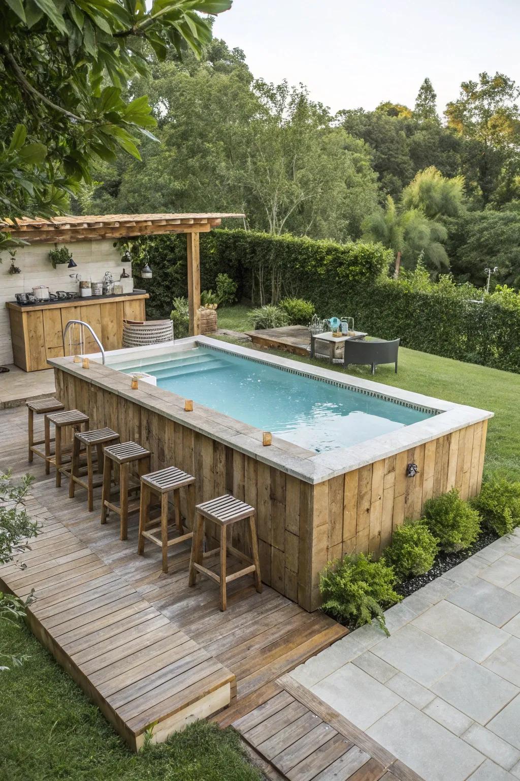 Eco-friendly materials create a stylish and sustainable poolside bar.