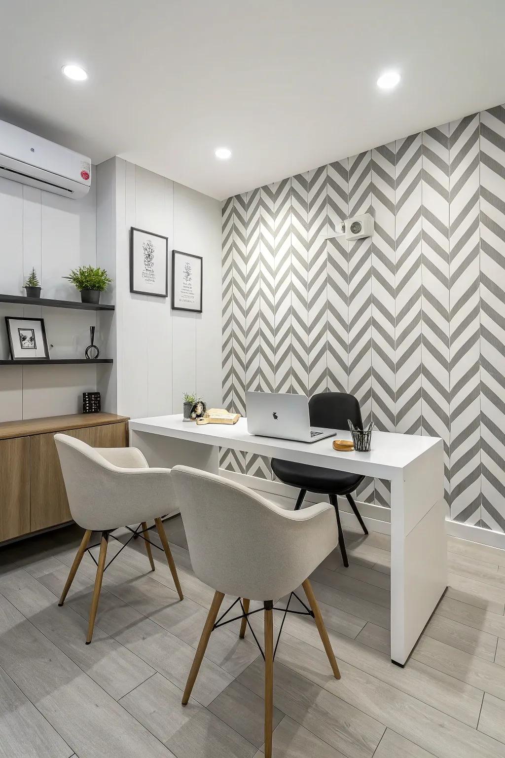 A sleek office space featuring a monochrome feature wall.