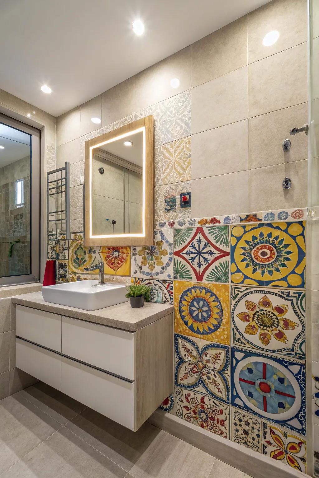 Hand-painted tiles establish a distinctive and artistic focal attraction.