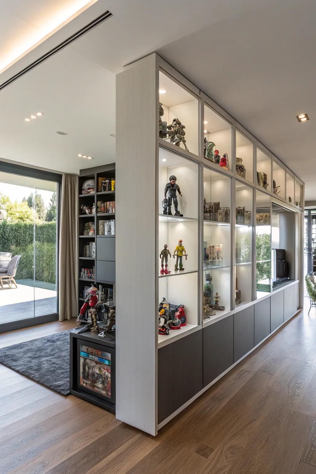 Chamber dividers with shelves furnish function and presentation in unison.