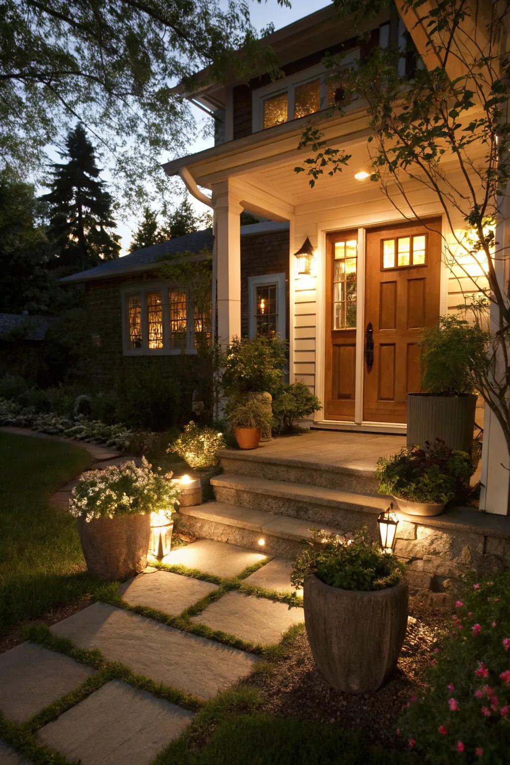 An attractive entryway featuring a charming path to the porch.
